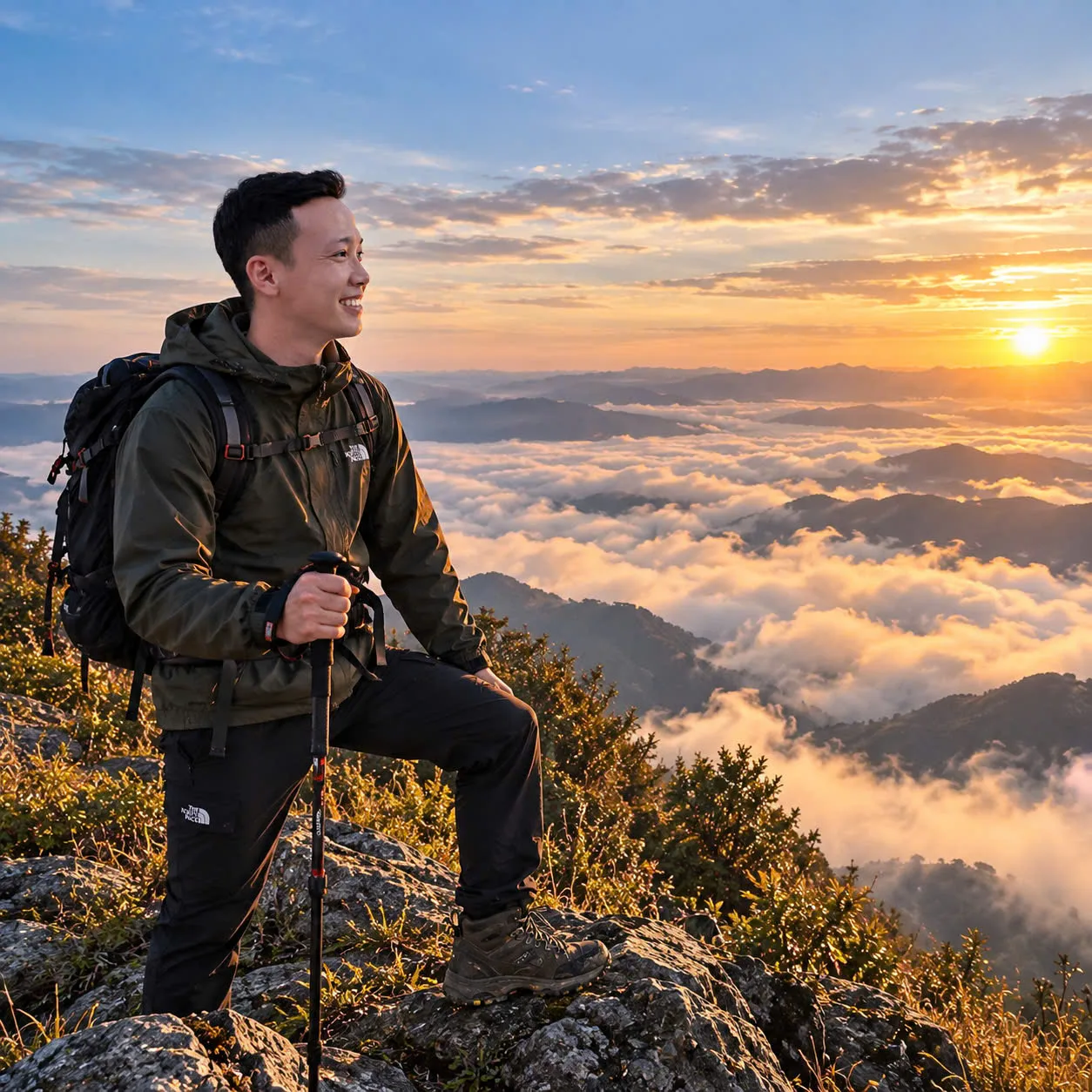 Nhà sáng lập Hidden Trails Vietnam Huỳnh Chính Đằng trekking trên núi giữa biển mây lúc bình minh